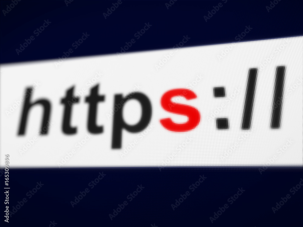 Poster https secure connection certificate sign word on pixels screen 3d rendered with depth of field