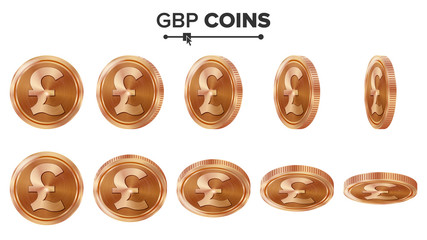 Money. GBP 3D Copper Coins Vector Set. Realistic Illustration. Flip Different Angles. Money Front Side. Investment Concept. Finance Coin Icons, Sign, Success Banking Cash Symbol. Currency Isolated