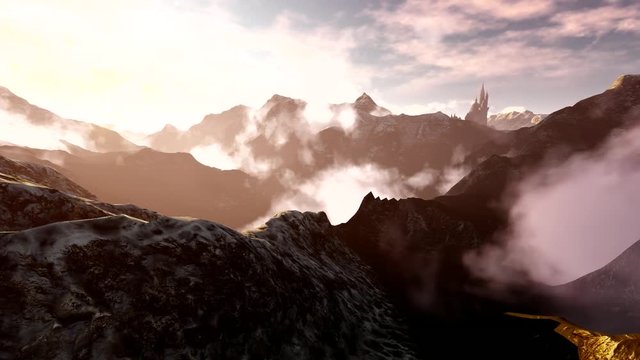 Flying over mountains in the fog