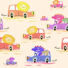 Wallpaper murals Animals in transport Cute car seamless pattern. Funny lions and dinosaurs drive cars kids illustration