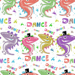 Happy birthday seamless pattern. Funny dinosaurs dance during the holiday. Children's illustration