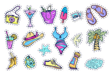 Tropical rest fashionable patch badges, cute elements Vector summer collection. Summer beach fashion stickers comic style of 80s-90s