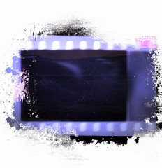 Grunge blue film strip frame on black dripping background.
