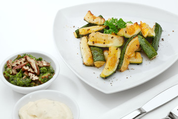 close  up view of nice yummy meal  on color  back