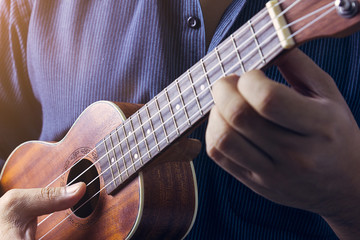 Fototapeta na wymiar Man is playing the ukulele. 