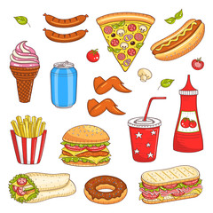 Vector hand drawn illustration of fast food