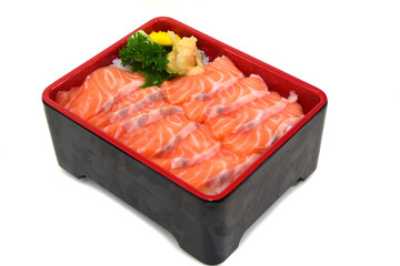 Salmon don Rice box : fresh sliced Salmon Sashimi on Rice Box isolated on white background with Clipping path