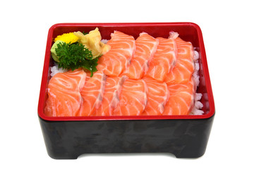 Salmon donburi : fresh sliced Salmon Sashimi on Rice Box isolated on white background with Clipping path
