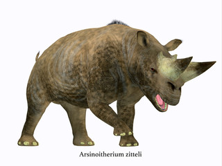 Naklejka premium Arsinoitherium Mammal Side Profile with Font - Arsinoitherium was a herbivorous rhinoceros-like mammal that lived in Africa in the Early Oligocene Period.