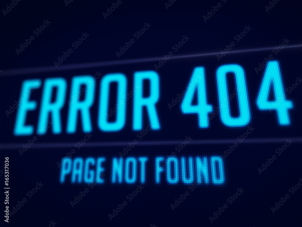 Poster error 404 page not found on dark blue pixels screen 3d rendered with depth of field