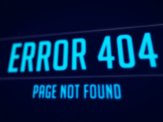 Error 404 page not found on dark blue pixels screen 3D rendered with depth of field
