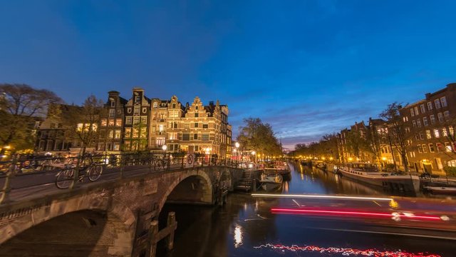 Amsterdam city skyline day to night timelapse at canal waterfront, Amsterdam, Netherlands, 4K Time Lapse