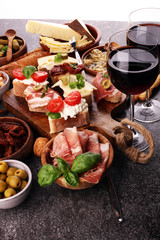 Italian antipasti wine snacks set. Cheese variety, Mediterranean