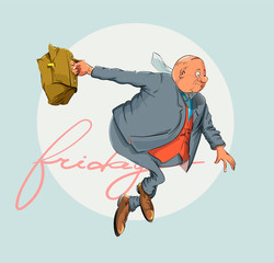 Happy cartoon office man with briefcase is glad to finish his working week on Friday