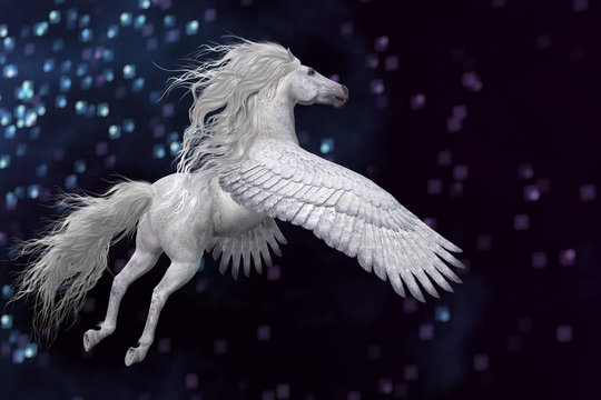 White Pegasus in Sky - Pegasus is a mythical white divine stallion with long flowing mane and tail rises into the sky with powerful wings.