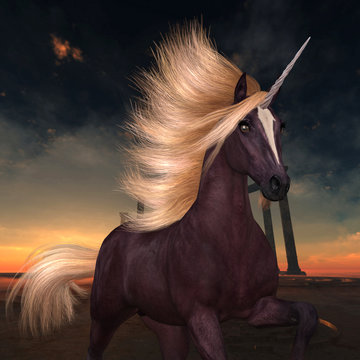 Wild Liver Chestnut Unicorn - A flashy unicorn with a liver chestnut coat prances near ruins of a lost Roman or Greek city.