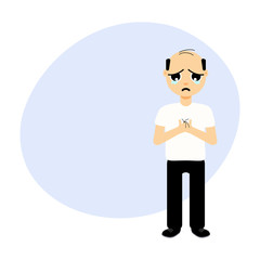 Full length portrait of a man crying over hair loss. Treatment and transplantation concept for clinics and diagnostic centers. Male alopecia template with place for text. Cartoon vector illustration