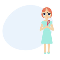 Full length portrait of a woman crying over hair loss. Hair treatment and transplantation concept. Female alopecia infographic medical template with place for text. Cartoon vector illustration.