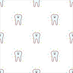 Seamless pattern with smiling cartoon tooth characters on white background. Oral dental hygiene. Teeth whitening and restoration. Dental health symbol. Human body medical concept. Vector illustration.