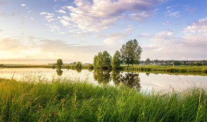 вечерний летний пейзаж с деревом на берегу реки, Россия, Урал © 7ynp100