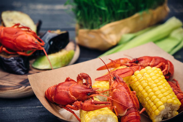 Cooked crayfish with grilled vegetables