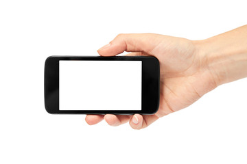 Female hands hold a cell phone, mockup template. Isolated on white background