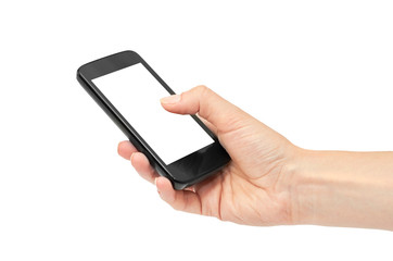 Female hands hold a cell phone, mockup template. Isolated on white background