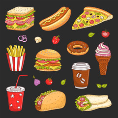 Vector hand drawn illustration of fast food
