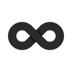The symbol of infinity of black color is isolated on a white background. Flat 3d style. Soft shadows. The eternal way