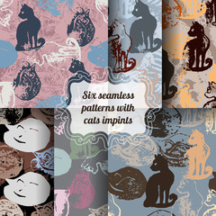 Set of seamless patterns with cat stamps.