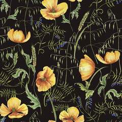 Hand-drawn watercolor floral seamless pattern with the yellow poppy flowers and grass on the black background in vintage style. Natural and vibrant repeated print for textile, wallpaper. Wild blossom