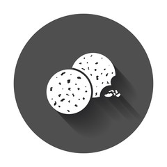 Cookie flat vector icon. Chip biscuit illustration. Dessert food pictogram on black round background with long shadow.