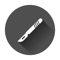 Medical scalpel vector icon. Hospital surgery knife sign illustration on black round background with long shadow.