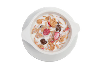 Muesli with chocolate and strawberries in milk