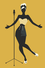 Silhouette of beautiful pin-up girl singing. Vector Illustration