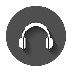 Fototapeta na wymiar Headphone vector icon. Earphone headset sign illustration on black round background with long shadow.
