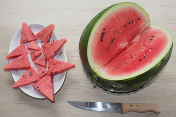 Slices of juicy and tasty watermelon on a white plate