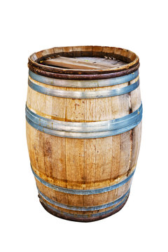 Wooden barrel for wine with steel ring on white background.