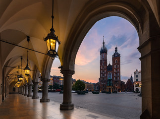 Old city center view with St. Mary's Basilica in Krakow on the morning