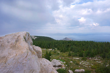 landscape, mountains, sky, forest, stones
