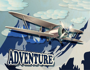 Retro poster with mountain and vintage biplane