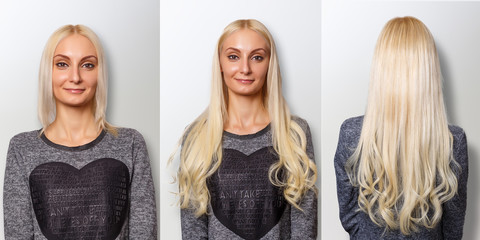 Hair extensions procedure. Hair before and after.