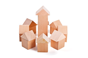 Toy houses made of wooden blocks