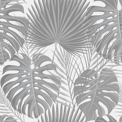 Seamless pattern with grayscale tropical exotic palm leaves