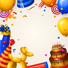 Obraz premium Birthday party background with balloons, cake, gift boxes, lollipop, confetti and ribbons. Place for your text. Vector.