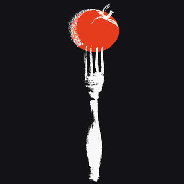 Fork and tomato on it painted against blackboard.