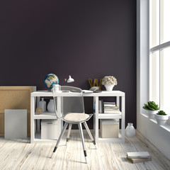 Modern light interior, a place for study, consisting of working Desk, book, globe. 3D illustration. wall mock up