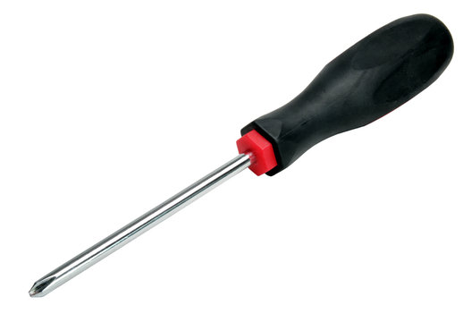 Isolated black handle phillips head screwdriver.