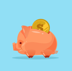 Happy smiling piggy bank character with gold coin. Vector flat cartoon illustration