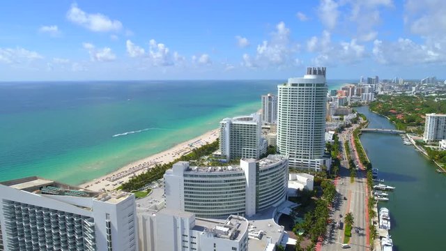 Aerial video beachfront resorts Miami Beach Florida 4k 24p